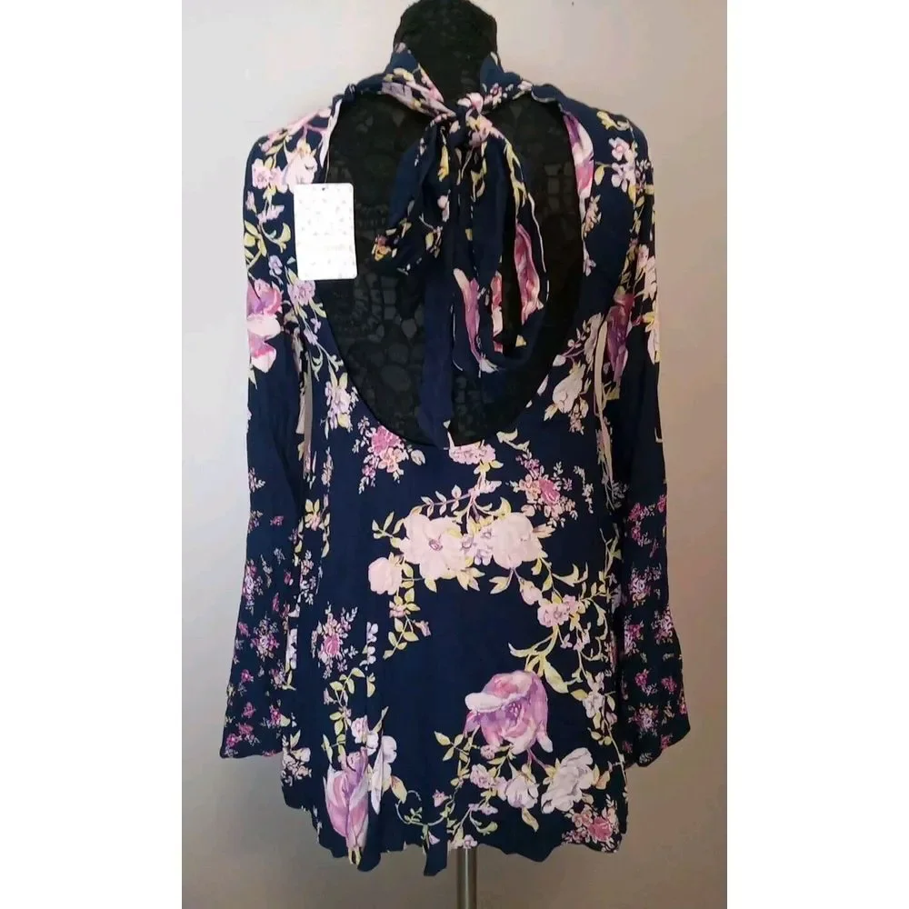 Free People Tate Midnight Blue Floral Print Mock Neck Bell Sleeve Tunic Size XS‎